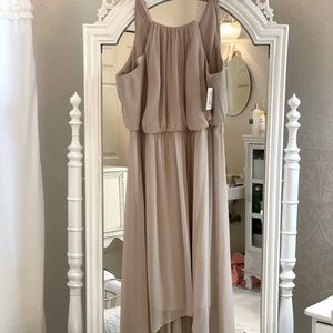 bridesmaid dress in biscotti